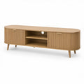 Oválný TV stolek z MDF s dubovou dýhou, přírodní dub, 180 × 40 × 50 cm