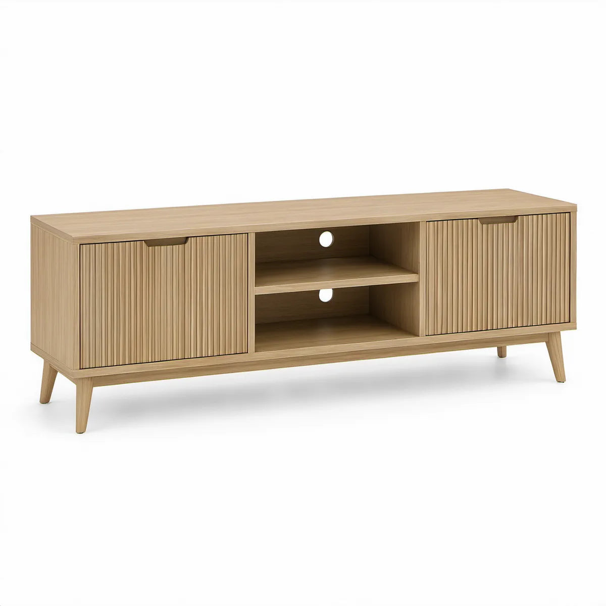 TV stolek se 2 posuvnými dvířky a otevřenými policemi, 160 × 40 × 60 cm, světlý dub