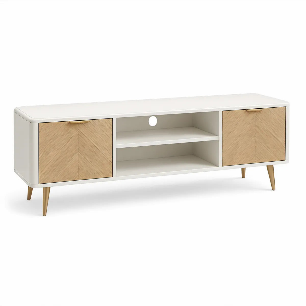 Bílý a světle dubový TV stolek se 2 dvířky a otevřenými přihrádkami, 160 × 40 × 55 cm