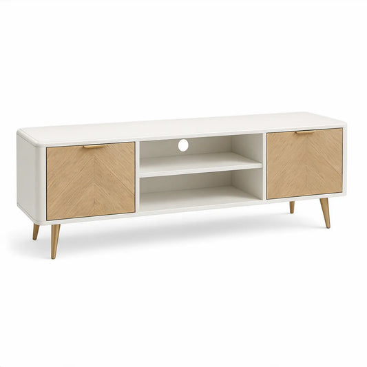 Bílý a světle dubový TV stolek se 2 dvířky a otevřenými přihrádkami, 160 × 40 × 55 cm