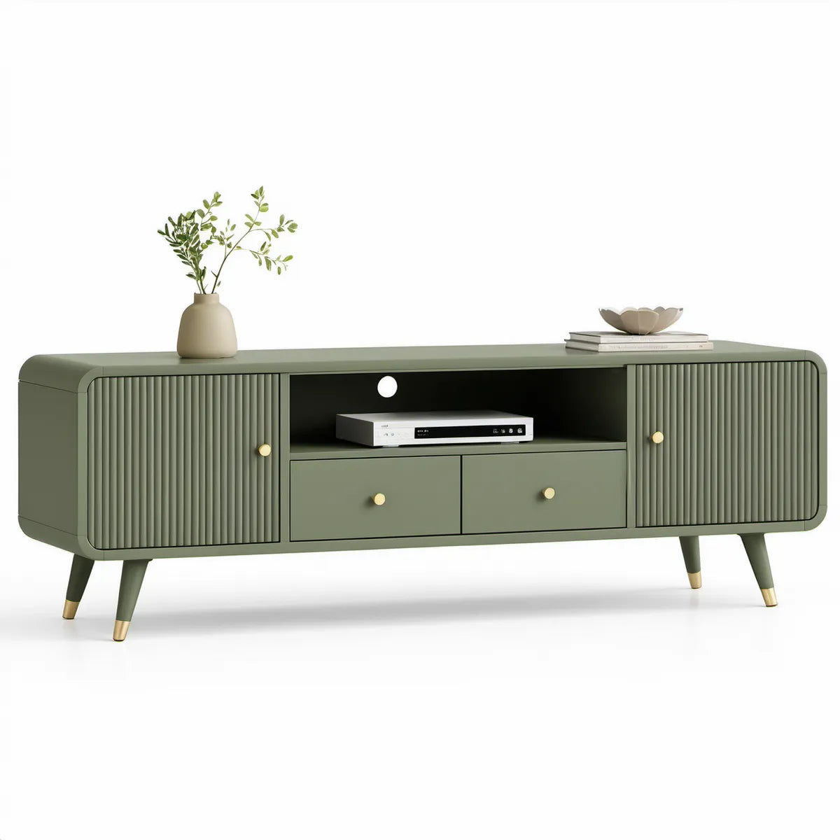 Olivově zelený TV stolek se 2 dvířky a 2 zásuvkami, 160 × 40 × 55 cm